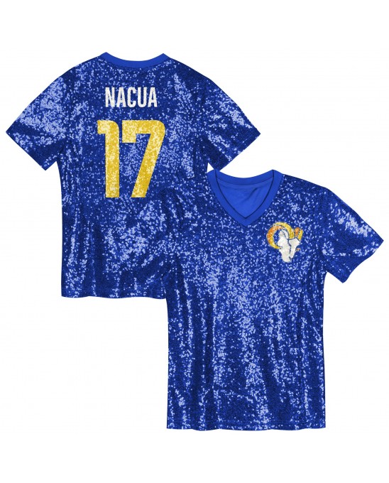 Puka Nacua Los Angeles Rams Mädchen-Jugend-Pailletten-Modetrikot mit V-Ausschnitt – Royalblau