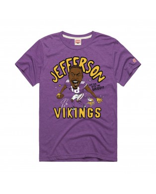 Justin Jefferson Minnesota Vikings Homage Unisex-Tri-Blend-T-Shirt mit Karikaturspielergrafik – Lila