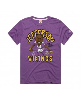 Justin Jefferson Minnesota Vikings Homage Unisex-Tri-Blend-T-Shirt mit Karikaturspielergrafik – Lila