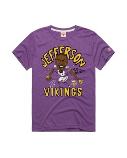 Justin Jefferson Minnesota Vikings Homage Unisex-Tri-Blend-T-Shirt mit Karikaturspielergrafik – Lila