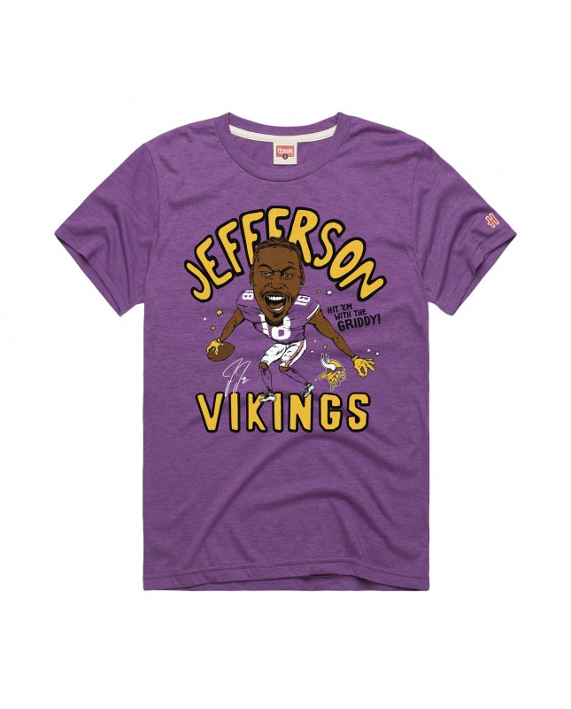 Justin Jefferson Minnesota Vikings Homage Unisex-Tri-Blend-T-Shirt mit Karikaturspielergrafik – Lila