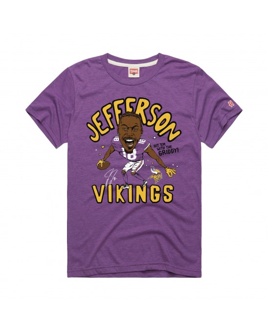 Justin Jefferson Minnesota Vikings Homage Unisex-Tri-Blend-T-Shirt mit Karikaturspielergrafik – Lila