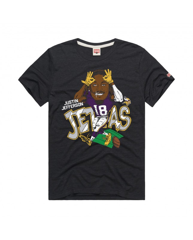 Justin Jefferson Minnesota Vikings Hommage Unisex-Tri-Blend-T-Shirt mit Karikaturspielergrafik – Anthrazit