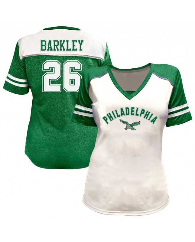 Saquon Barkley Philadelphia Eagles Damen-T-Shirt mit Bling-V-Ausschnitt in Übergröße – Weiß