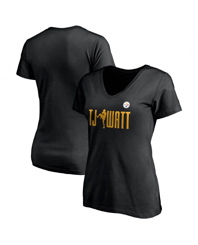 T.J. Watt Pittsburgh Steelers Damen Checkdown-T-Shirt mit V-Ausschnitt – Schwarz