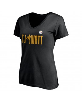 T.J. Watt Pittsburgh Steelers Damen Checkdown-T-Shirt mit V-Ausschnitt – Schwarz