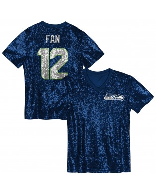 12 Fan Seattle Seahawks Mädchen-Jugend-Pailletten-Modetrikot mit V-Ausschnitt – College Navy