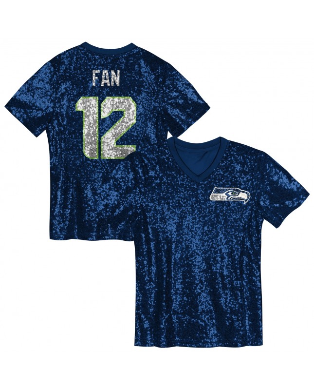 12 Fan Seattle Seahawks Mädchen-Jugend-Pailletten-Modetrikot mit V-Ausschnitt – College Navy