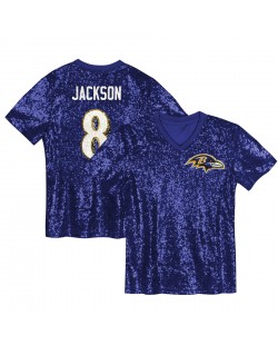 Lamar Jackson Baltimore Ravens Mädchen-Jugend-Pailletten-Modetrikot mit V-Ausschnitt – Lila