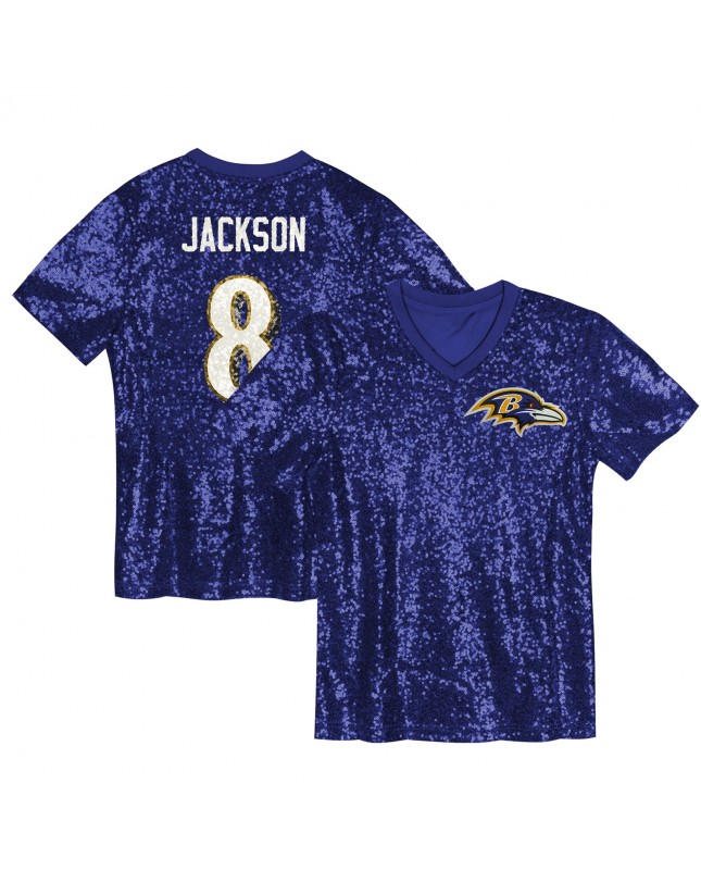 Lamar Jackson Baltimore Ravens Mädchen-Jugend-Pailletten-Modetrikot mit V-Ausschnitt – Lila