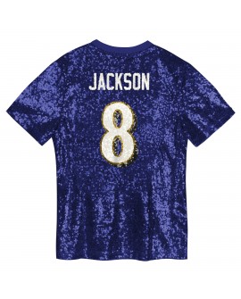 Lamar Jackson Baltimore Ravens Mädchen-Jugend-Pailletten-Modetrikot mit V-Ausschnitt – Lila