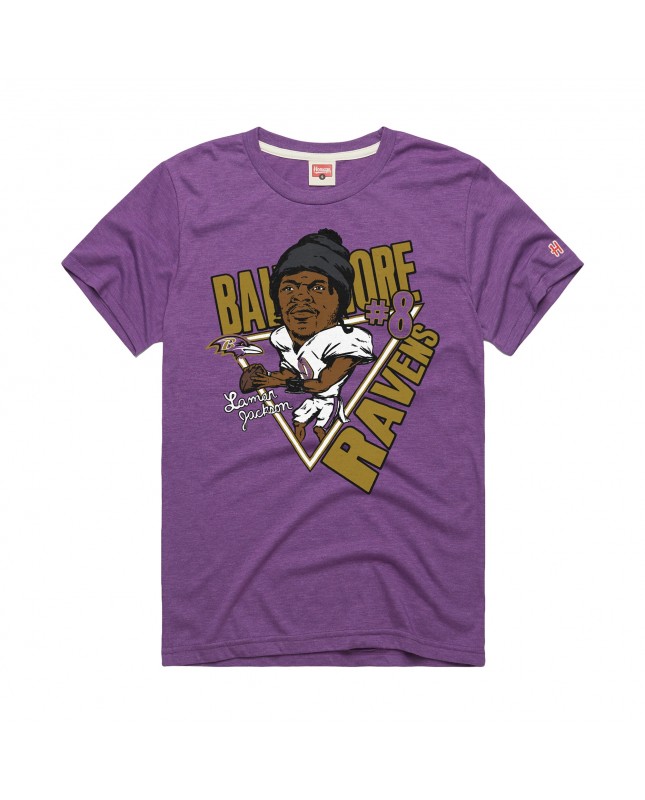 Lamar Jackson Baltimore Ravens Homage Unisex-Karikatur-Spieler-Grafik-Tri-Blend-T-Shirt – Lila