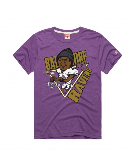Lamar Jackson Baltimore Ravens Homage Unisex-Karikatur-Spieler-Grafik-Tri-Blend-T-Shirt – Lila