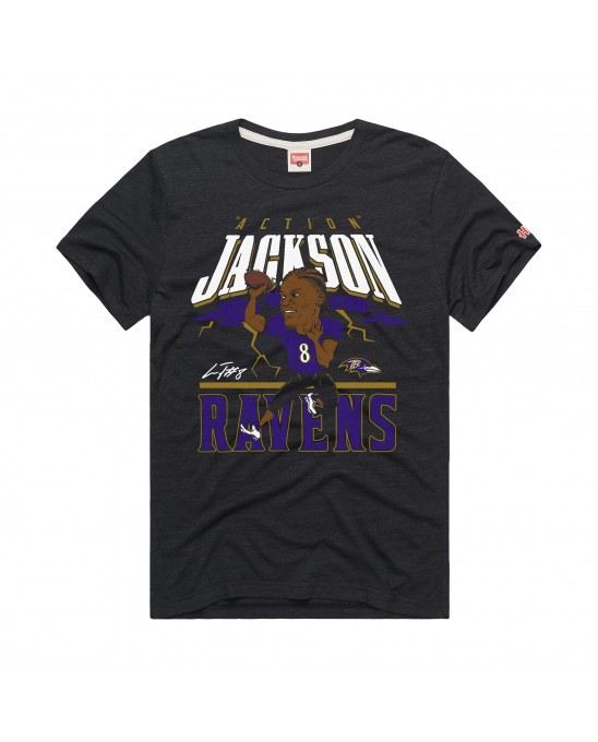 Lamar Jackson Baltimore Ravens Homage Unisex-Karikatur-Spieler-Grafik-Tri-Blend-T-Shirt – Anthrazit