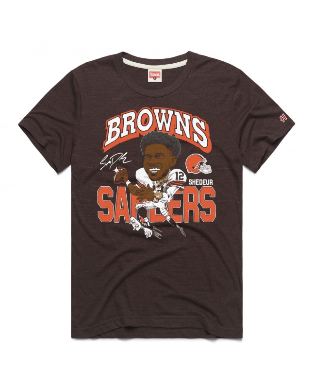 Shedeur Sanders Cleveland Browns Hommage Unisex-Tri-Blend-T-Shirt mit Karikaturspielergrafik – Braun