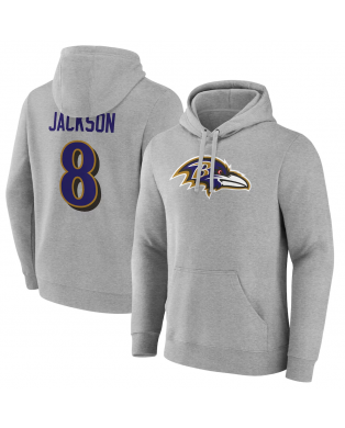 Lamar Jackson Baltimore Ravens Grauer Icon-Pullover mit Kapuze, mit Spieler- und Rückennummer