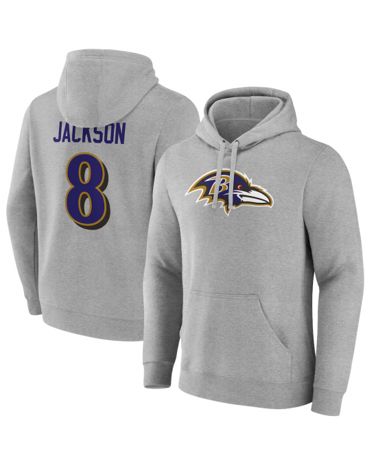 Lamar Jackson Baltimore Ravens Grauer Icon-Pullover mit Kapuze, mit Spieler- und Rückennummer