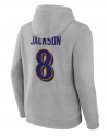 Lamar Jackson Baltimore Ravens Grauer Icon-Pullover mit Kapuze, mit Spieler- und Rückennummer