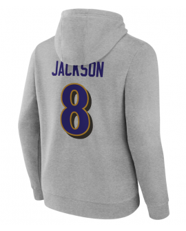 Lamar Jackson Baltimore Ravens Grauer Icon-Pullover mit Kapuze, mit Spieler- und Rückennummer